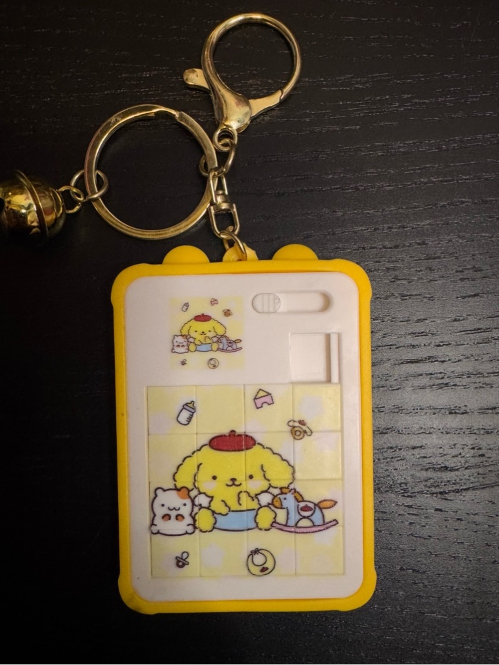 Rare Sanrio Yellow Pompompurin Sliding Puzzle Keychain with Gold Hardware